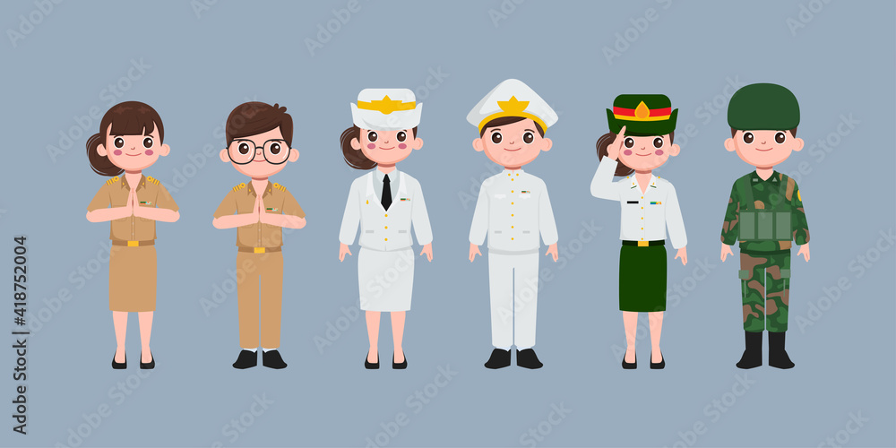 Thai teacher, air force, soldier and government uniform character. People in government job character. Thai teacher, air force, soldier and government uniform character. People in government job character.