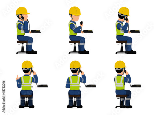 set of industrial worker is using telephone
