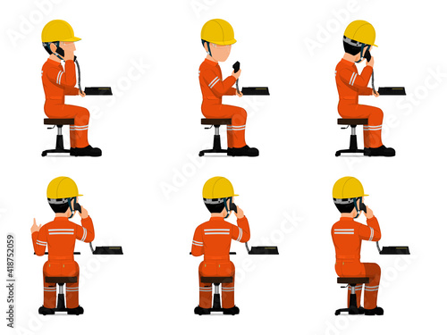 set of industrial worker is using telephone
