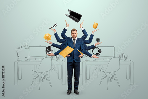 Businessman with many hands in a suit. Works simultaneously with several objects, a mug, a magnifying glass, papers, a contract, a telephone. Multitasking, efficient business worker concept. photo