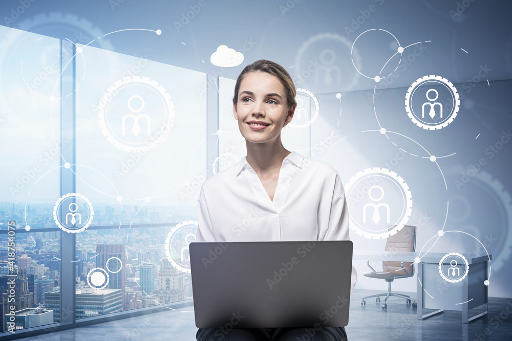 Office woman with laptop, double exposure of network Office woman with laptop, double exposure of network