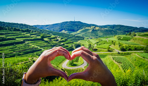 Close-up of woman's hands forming a heart in the golden evening sun. If you look through you can see the beautiful vineyard terraces with a mountain pass road at Kaiserstuhl, Germany.