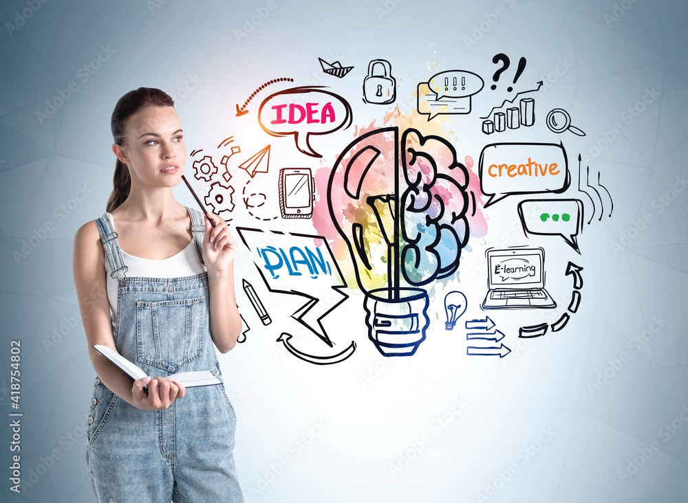 Front view of attractive young lady in denim jumpsuit standing nearby colorful lightbulb and brain sketch drawn on light blue wall. Concept of education and success Front view of attractive young lady in denim jumpsuit standing nearby colorful lightbulb and brain sketch drawn on light blue wall. Concept of education and success