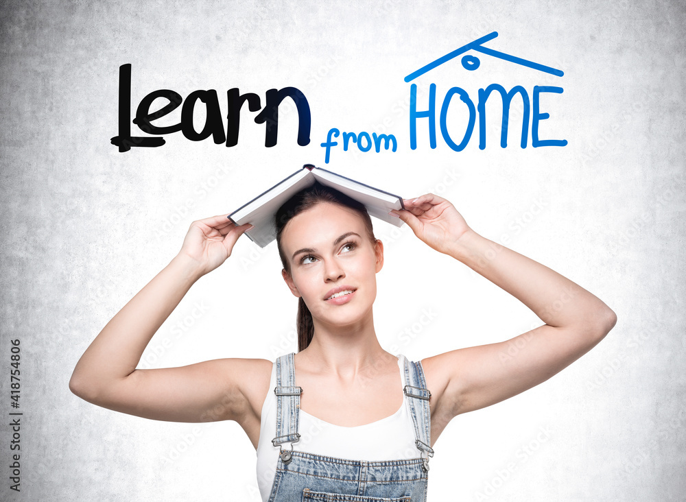 Woman in denim clothes with book, learn from home drawing Woman in denim clothes with book, learn from home drawing