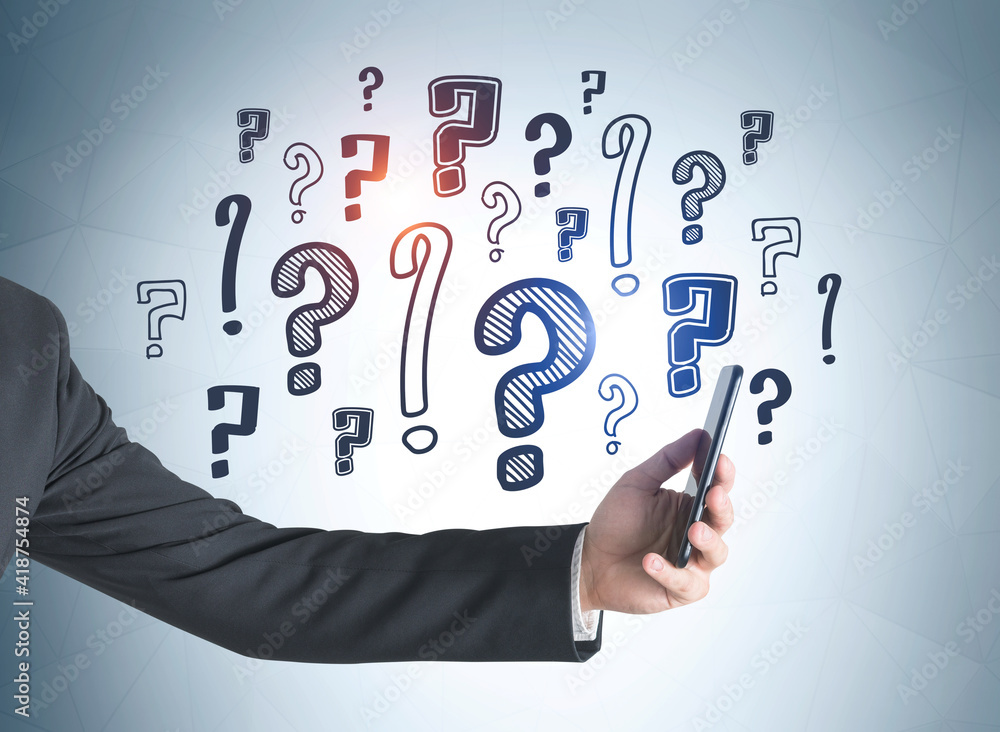 Man with phone in hand and question marks drawing Man with phone in hand and question marks drawing