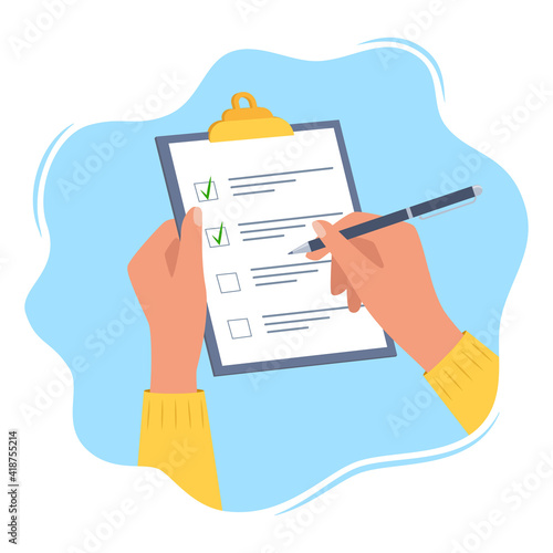Hands holding clipboard with checklist with green check marks and pen. Human filling control list on notepad. Concept of Survey, quiz, to-do list or agreement. Vector illustration in flat style.