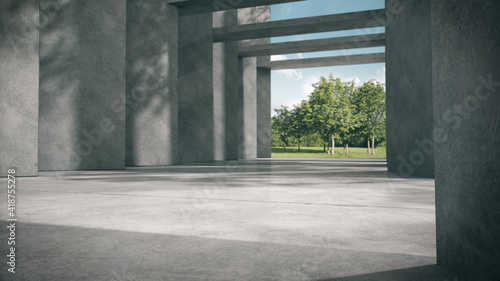 Empty space for products show in concrete hallway with park background.3D rendering.