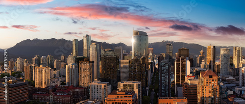 Fototapeta Naklejka Na Ścianę i Meble -  Aerial Panoramic View of the beautiful modern downtown city buildings. Vancouver, British Columbia, Canada. Colorful Cloudy Sunset Sky Art Render. Cityscape Panorama