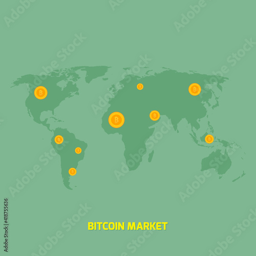 bitcoins on world map illustration - money transfer
