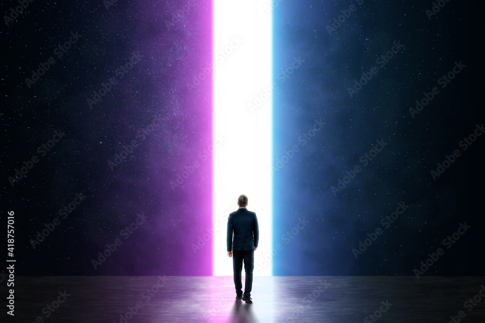 Silhouette of a man in a business suit in front of a glowing neon portal, futuristic background, abstract architecture.