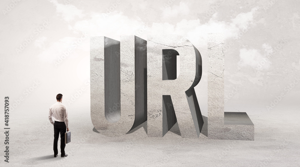 Fototapeta premium Rear view of a businessman standing in front of URL abbreviation, attention making concept