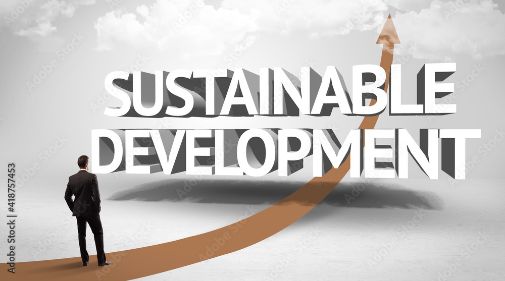 Rear view of a businessman standing in front of SUSTAINABLE DEVELOPMENT inscription, successful business concept Rear view of a businessman standing in front of SUSTAINABLE DEVELOPMENT inscription, successful business concept