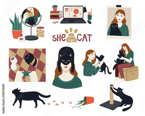 Vector collection of pets life with girl and black cat. Set of portraits of happy pet owners and cute domestic animals.  Cartoon character