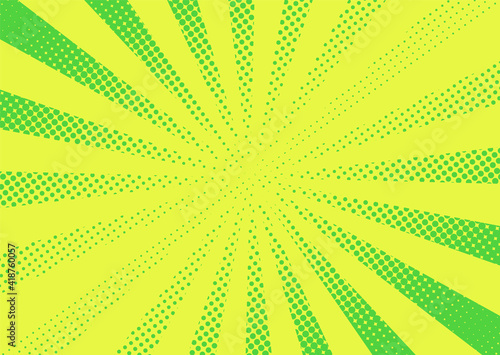 Pop art halftone background. Comic starburst pattern. Cartoon retro sunburst effect. Yellow green banner with dots and rays. Vintage duotone texture. Superhero wow banner. Vector illustration.