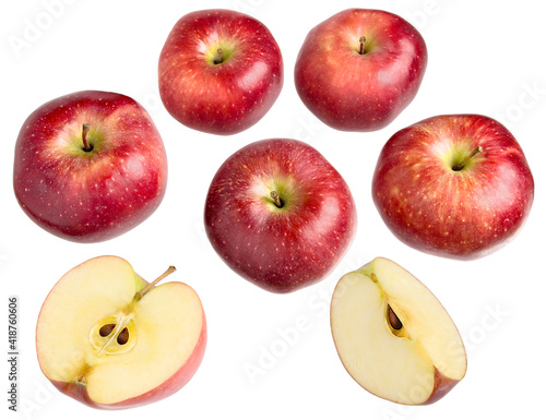 Red delicious apples isolated with cuts slices on white background.