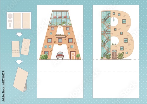 Study English alphabet. Letter A, B in house shape. Printable worksheet. Print, cut, fold, play. Horizontal lanscape page