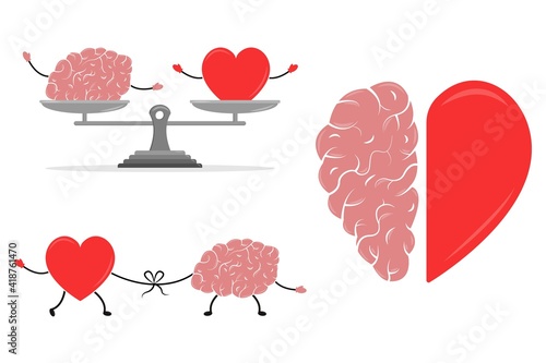 Emotional Intelligence vector illustrations. Balance between soul and intellect. Conflict between emotions and rational thinking. Heart and Brain concept.