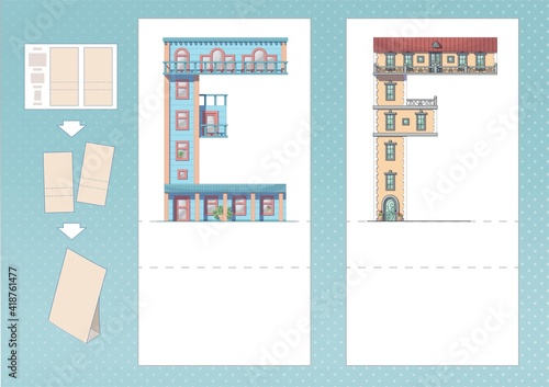 Study English alphabet. Letter E, F in house shape. Printable worksheet. Print, cut, fold, play. Horizontal lanscape page