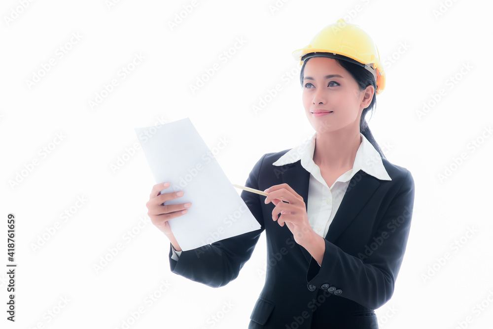 Asian female engineer or worker in a black suit Wearing a yellow safety helmet With Checklist the details In the concept of real estate and engineering on isolated white background, safety concept Asian female engineer or worker in a black suit Wearing a yellow safety helmet With Checklist the details In the concept of real estate and engineering on isolated white background, safety concept