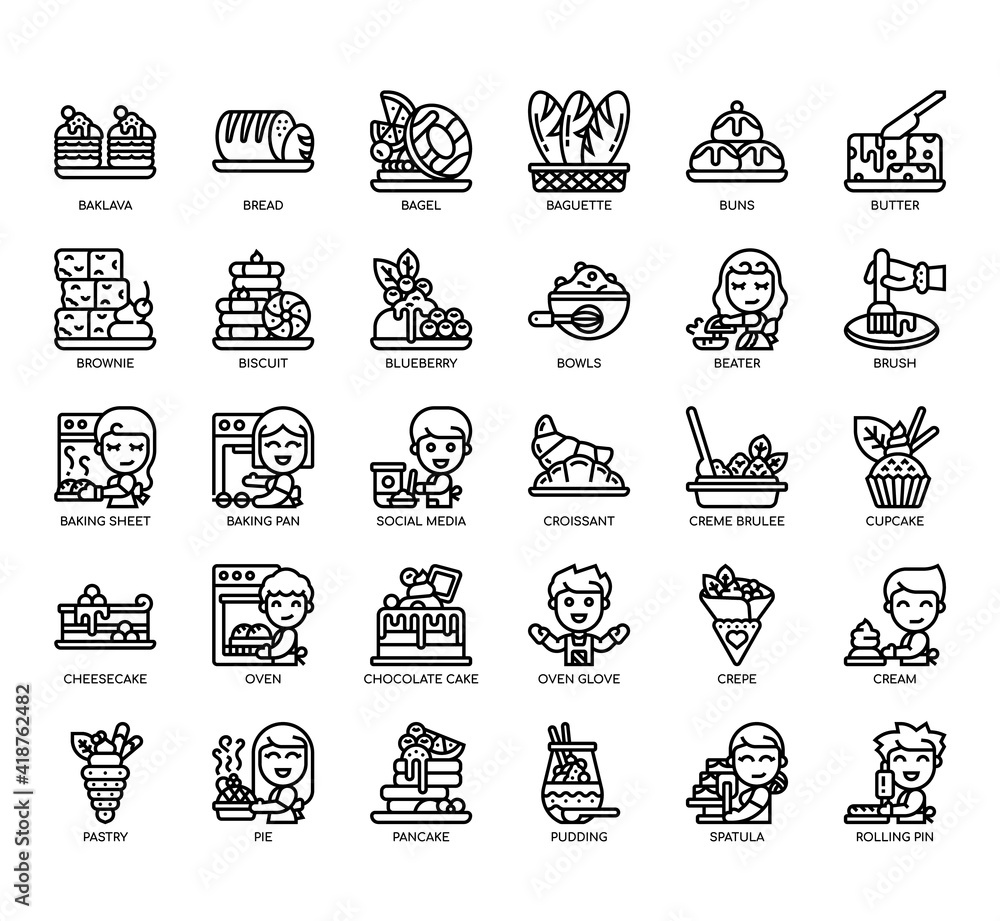 Set of Bakery thin line and pixel perfect icons for any web and app project.