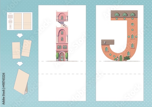 Study English alphabet. Letter I, J in house shape. Printable worksheet. Print, cut, fold, play. Horizontal lanscape page