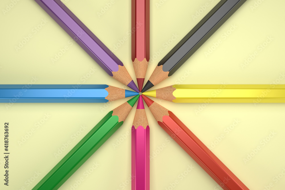 3d illustration. Render of a realistic set of colored pencils forming a star. Color pencils on yellow background. With copy space 3d illustration. Render of a realistic set of colored pencils forming a star. Color pencils on yellow background. With copy space