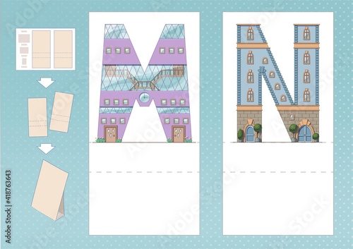 Study English alphabet. Letter M, N in house shape. Printable worksheet. Print, cut, fold, play. Horizontal lanscape page