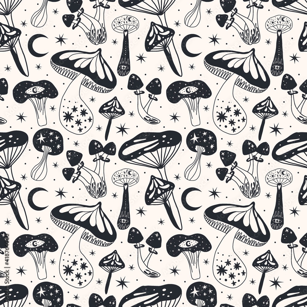Space mushrooms seamless pattern. Hand drawn line pastel colored mushroom collection. Cosmos, magic or forest doodle plants, fantastic decor textile, wrapping paper wallpaper vector print or fabric