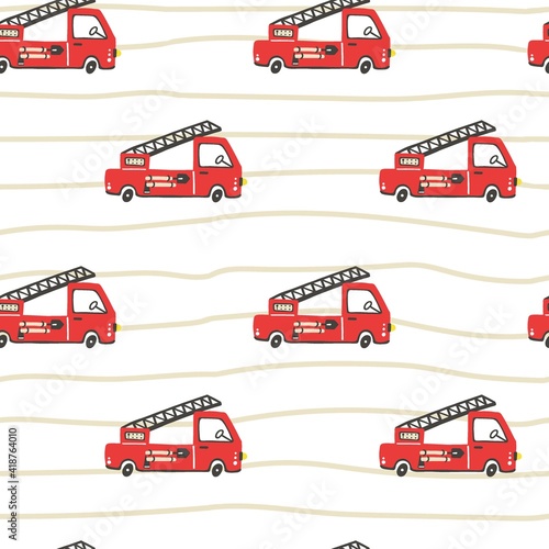 Firefighter seamless pattern. Fire truck with ladder extinguisher and hose. Hand drawn cartoon trendy scandinavian childish doodle cars. Decor textile, wrapping paper wallpaper vector print or fabric