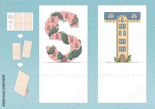 Study English alphabet. Letter S, T in house shape. Printable worksheet. Print, cut, fold, play. Horizontal lanscape page