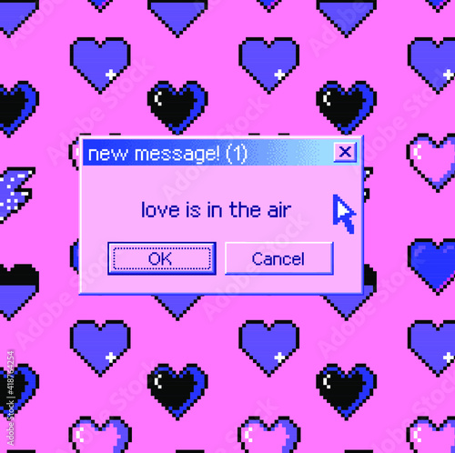 8-bit art message with pixel hearts. Vaporwave trendy retro user interface like in old operating systems.