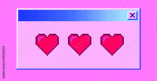8-bit art message with pixel hearts. Vaporwave trendy retro user interface like in old operating systems.