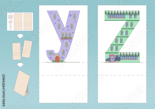 Study English alphabet. Letter Y, Z in house shape. Printable worksheet. Print, cut, fold, play. Horizontal lanscape page