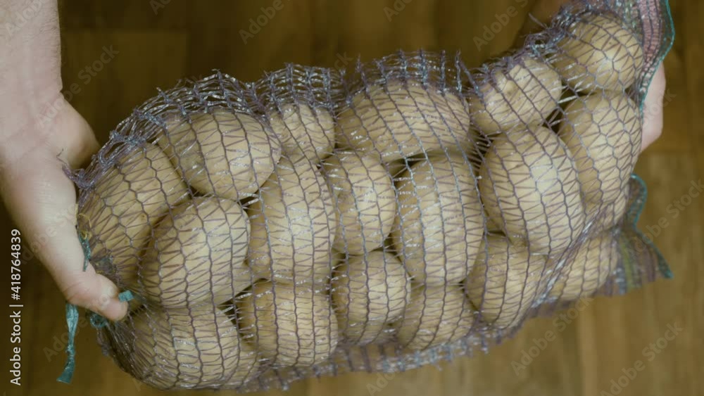 Potato harvest packed in a special net. The farmer is holding large potato fruits in his hands. Close-up. Potato harvest packed in a special net. The farmer is holding large potato fruits in his hands. Close-up.