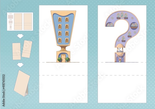 Study English alphabet. Question and exclamation signs in house shape. Printable worksheet. Print, cut, fold, play. Horizontal lanscape page