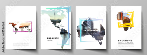 Vector layout of A4 cover mockups templates for brochure, flyer layout, cover design, book design, brochure cover. Design template in the form of world maps and colored frames, insert your photo.