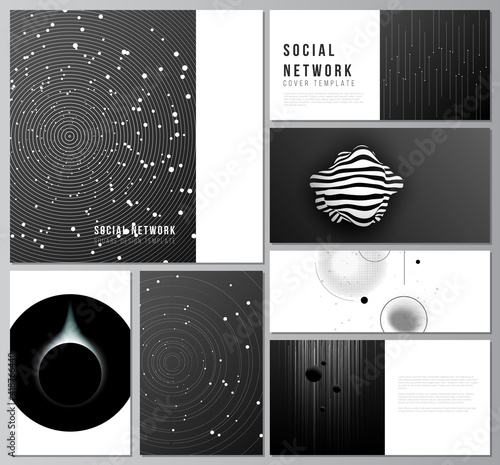 Vector layouts of modern social network mockups in popular formats for cover design, website design, website backgrounds or advertising mockups. Tech science future background, space astronomy concept