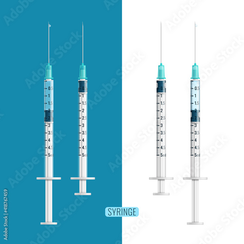Thin syringe isolated on solid blue and white background.