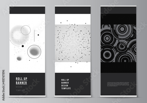 Vector layout of roll up mockup templates for vertical flyers, flags design templates, banner stands, advertising. Abstract technology black color science background. Digital data. High tech concept.