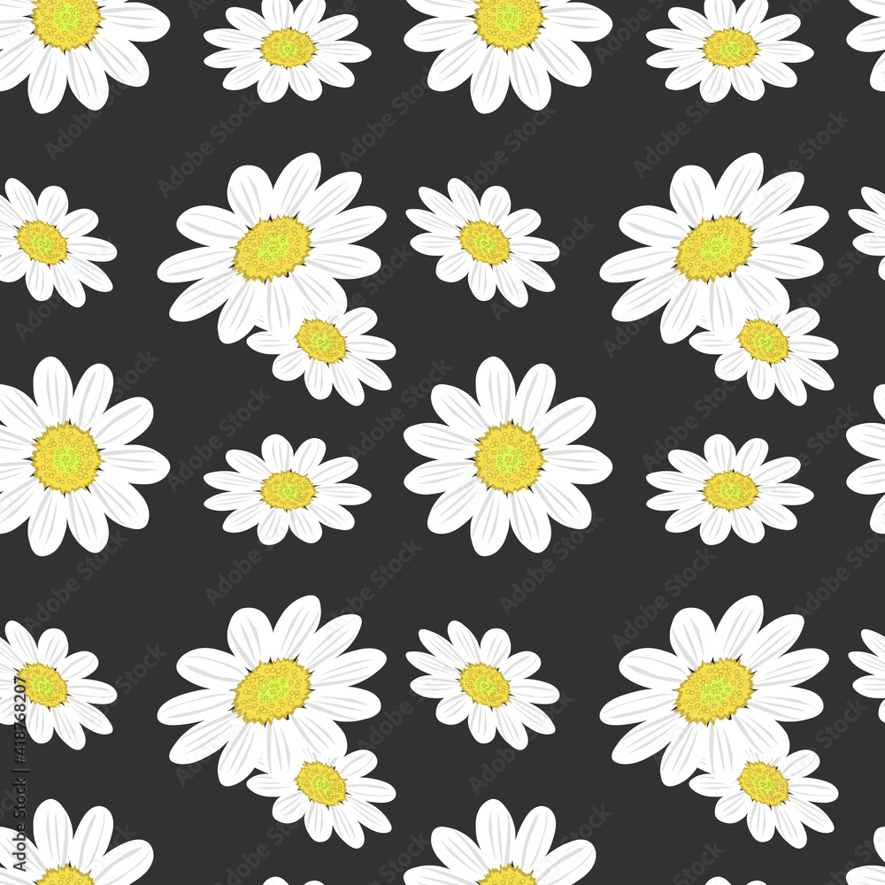 Seamless pattern with large floral daisies on a dark gray background. For printing on fabrics, textiles, paper, interior design. Seamless pattern with large floral daisies on a dark gray background. For printing on fabrics, textiles, paper, interior design.