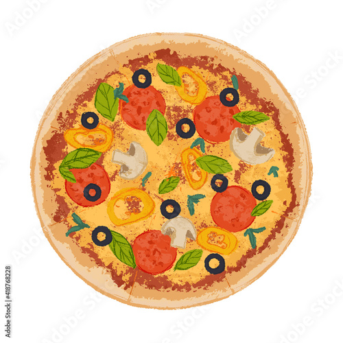 Vector illustration of hand drawn pizza with cheese. Tasty Italian pizza topped with mushrooms, olives, bell pepper, pepperoni and basil.