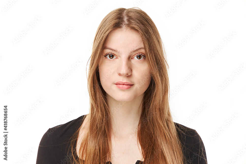 Beautiful woman face close up portrait young studio on white Beautiful woman face close up portrait young studio on white