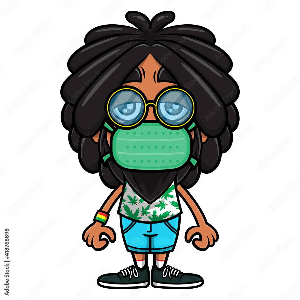 Dreadlocks Man wearing eyeglasses, medical mask, and tank top with marijuana leaf pattern, best for mascot or logo of reggae music themes in Covid-19 Pandemic