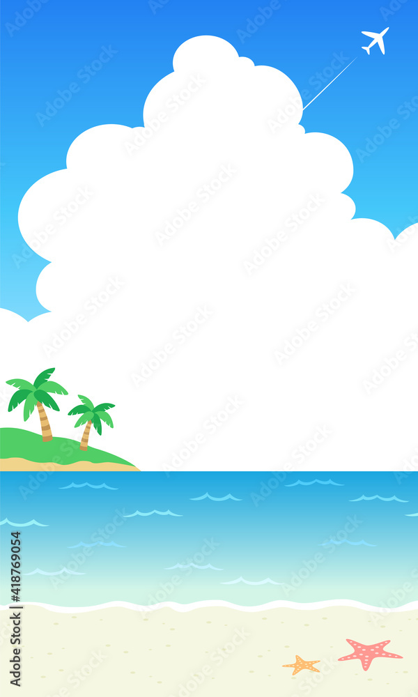 海と入道雲と椰子の木と飛行機雲のビーチベクターイラスト背景　風景