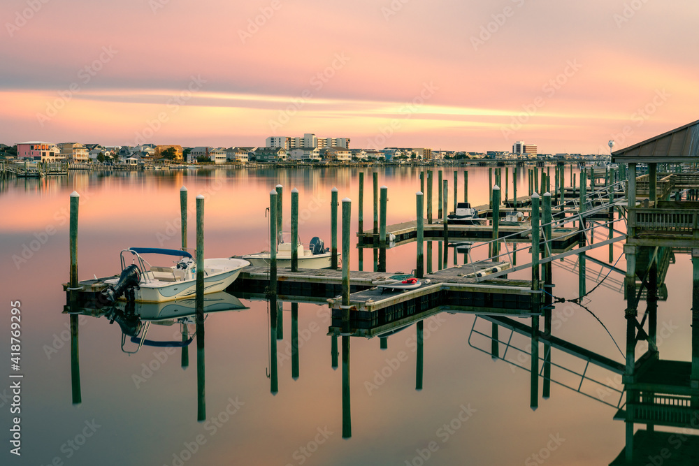 Floating docks in the Banks Channel near Channel Drive. Wrightsville Beach, North Carolina. Space for copy.