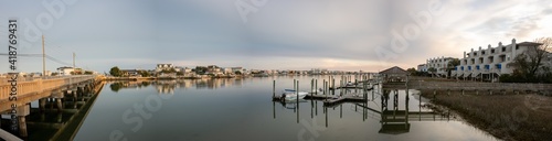 Panoramic view of the Banks Channel in Wrightsville Beach  from the River To The Sea Bikeway Bridge  to floating docks and condos on the west side of the sound.