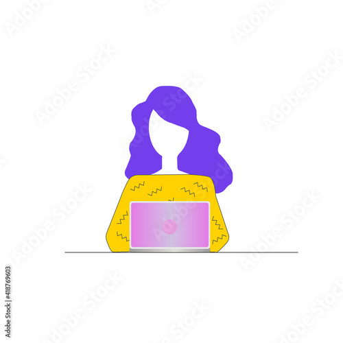 Vector illustration in flat style / Woman with laptop / Freelance or studying concept. 