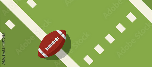american football ball standing on white line.