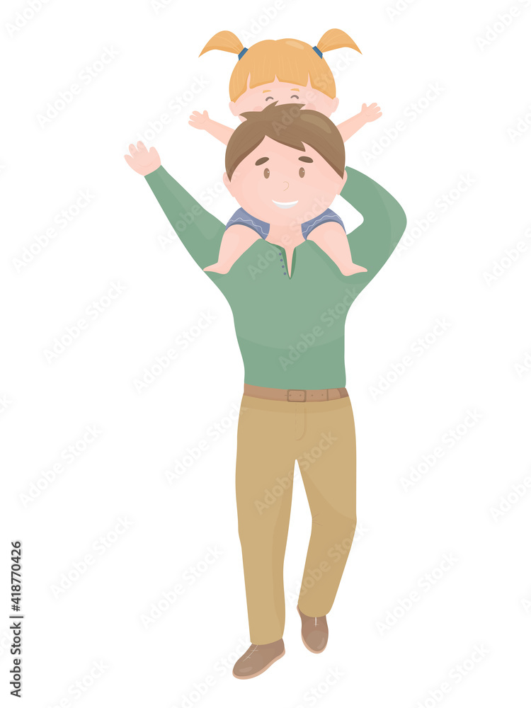 Dad and daughter. Cute vector illustration of daughter sitting on the neck of her father, isolated over white background. Vector illustration. Happy father's day. Dad and daughter. Cute vector illustration of daughter sitting on the neck of her father, isolated over white background. Vector illustration. Happy father's day.