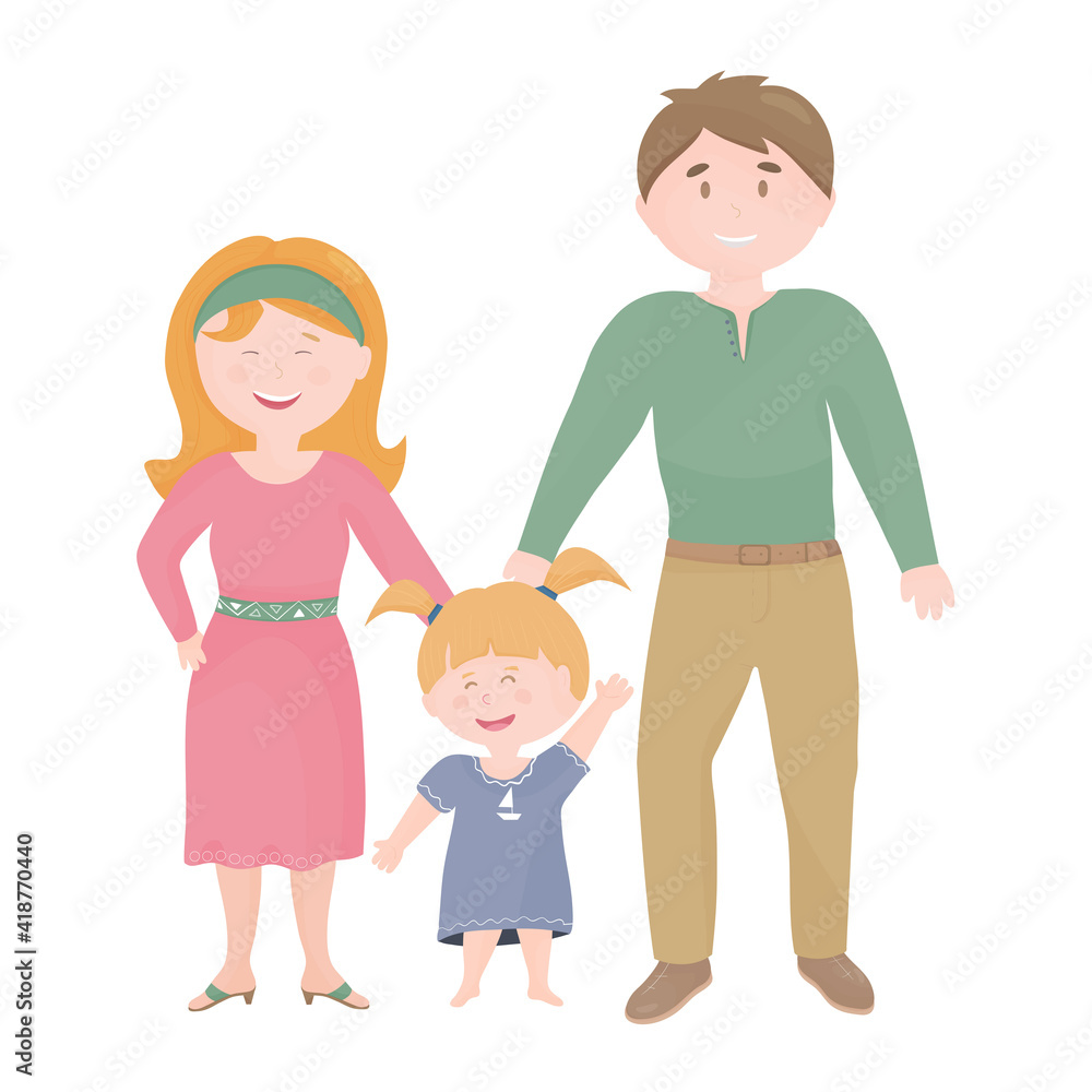 Happy cartoon family. Father, mother, and daughter together. Vector illustration.